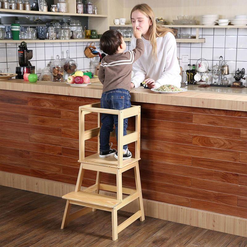 Natural Pine 2-Step Kids Kitchen Stool with Safety Rail