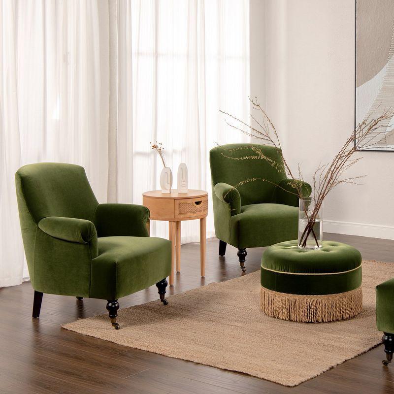 Olive Green Velvet Rolled Arm Accent Chair with Wood Legs