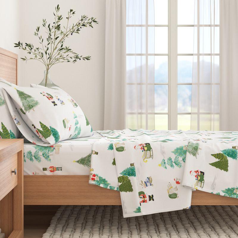 100% Cotton Christmas Flannel Sheets - Great Bay Home (Full, Watercolor Santa & Friends)