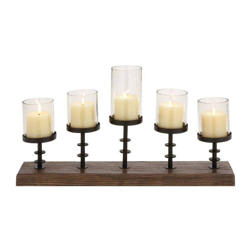 Rustic Walnut & Black Iron 5-Votive Hurricane Candelabra