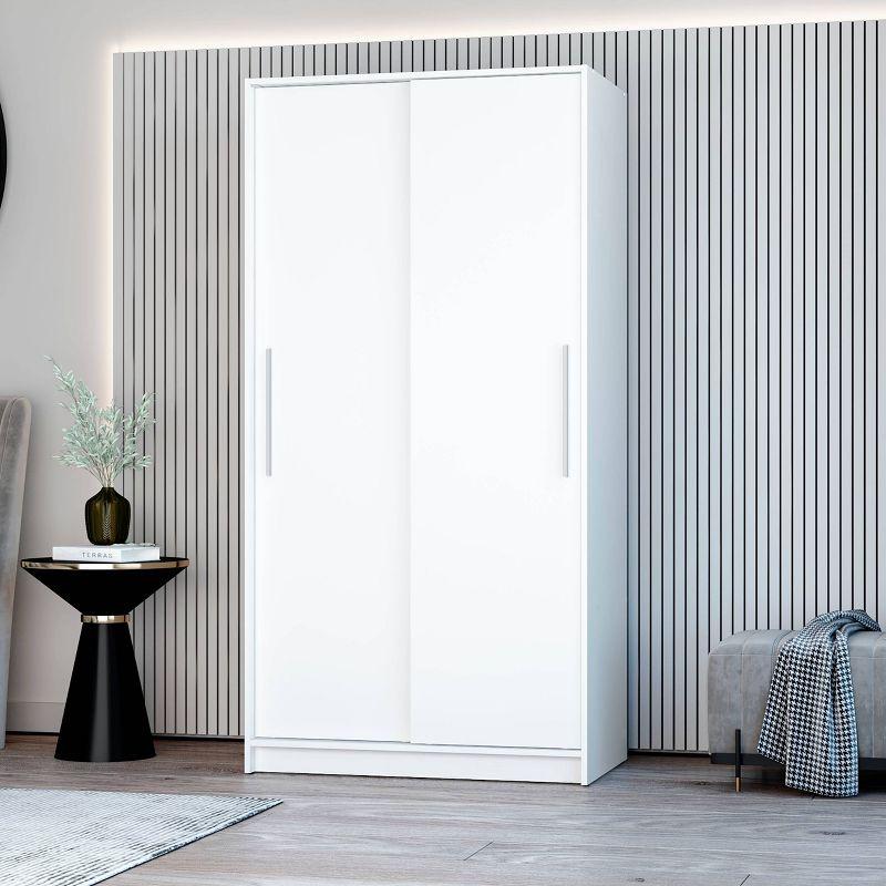 White Modern Clothing Armoire with Sliding Doors