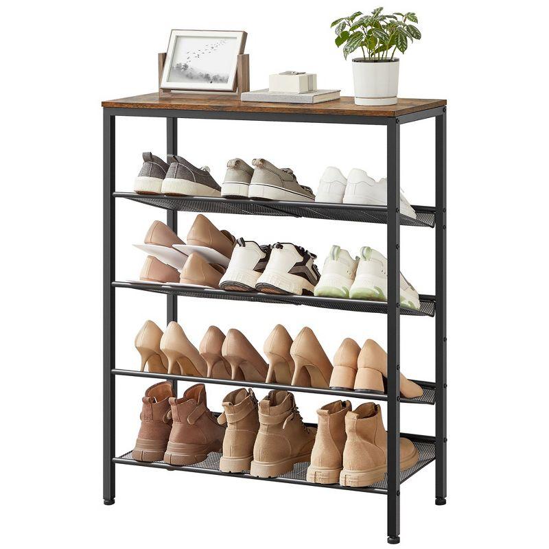 VASAGLE 5 Tier Shoe Rack for Entryway - Industrial Style Shoe Storage Organizer for 16-20 Pairs - Sturdy Wooden Top, Steel Frame - Rustic Brown/Black