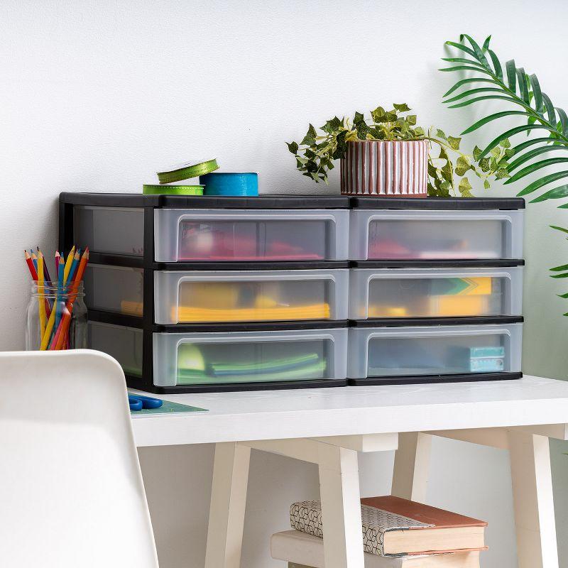 IRIS USA Medium 3-Drawer Stacking Desktop Organizer, 2 Pack, Plastic Drawer Storage Container for Stationery Art Craft Supplies Kitchen Office, Black