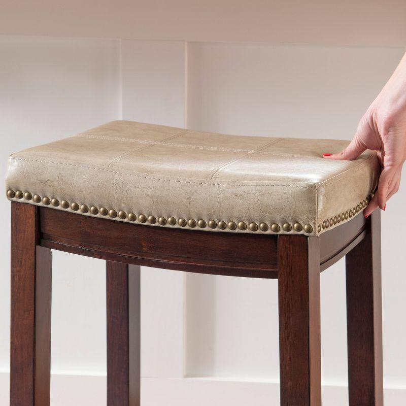 Beige Faux Leather Saddle Counter Stool with Wood Frame