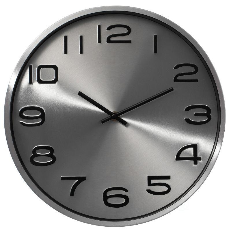 Modern Silver Aluminum Round Wall Clock with Black Numerals