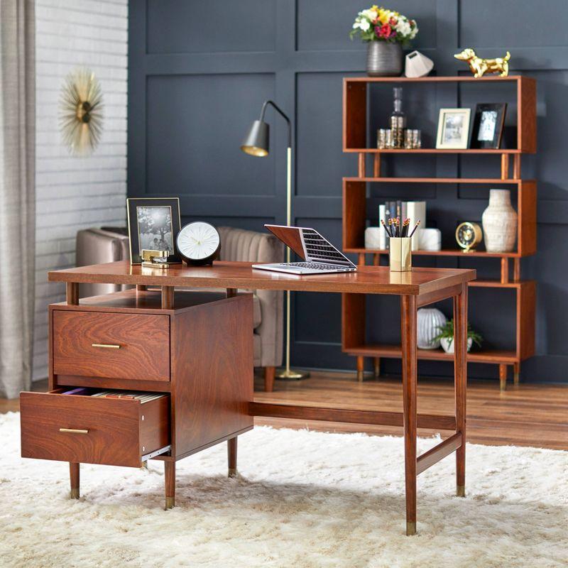 Buylateral Margo Mid Century Modern Desk Walnut: Mid-Century Modern, Pine Wood, Brass Tone Handles, 2 Drawers
