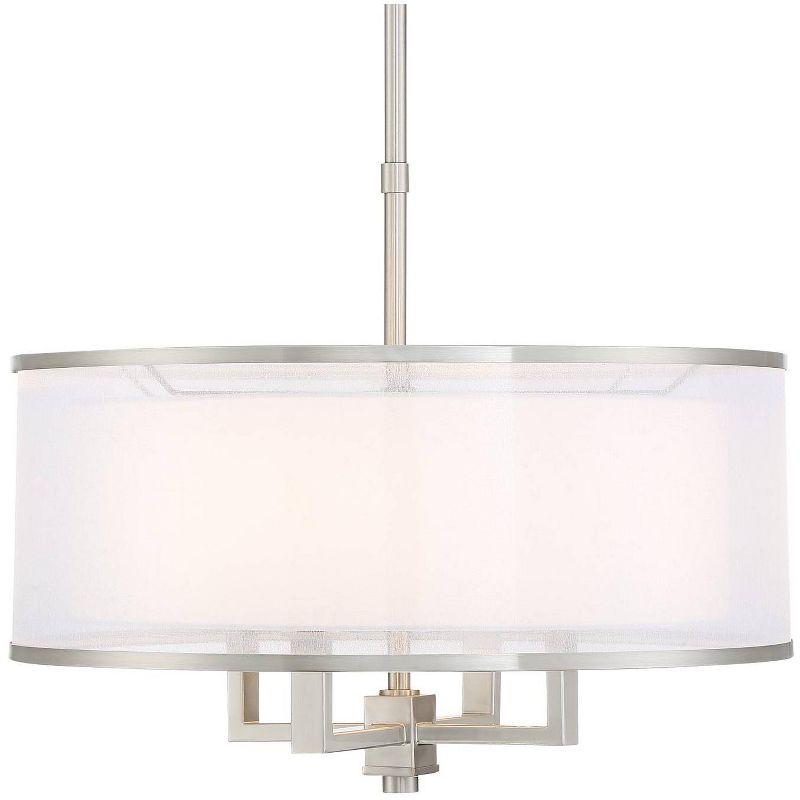 Elegant Brushed Nickel 23" Drum Pendant with Silver Organza and White Linen Shade