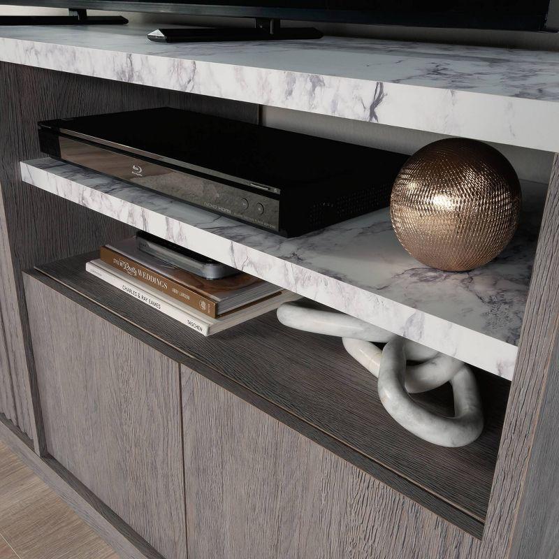 Ashen Oak and Faux White Marble Media Console with Cabinet