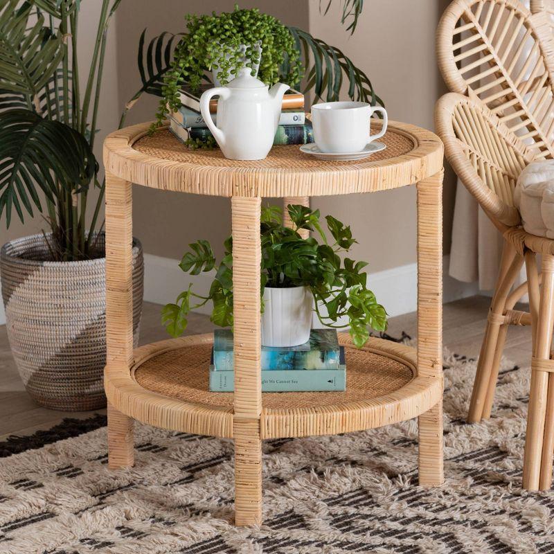 Bella Mahogany Wood and Natural Rattan 2 Tier End Table Natural Brown - Baxton Studio