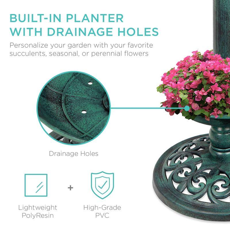 Green Solar Lighted Pedestal Bird Bath with Planter