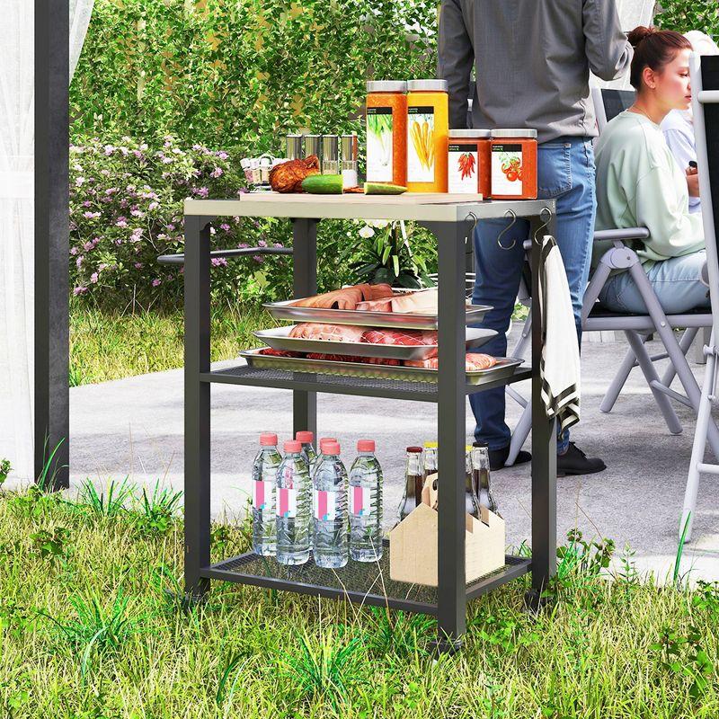 Outdoor Grill Cart Table with Foldable Side Table, Stainless Steel Tabletop, 37.8" x 18.1" Pizza Oven Table with Storage & Towel Rack, Hooks, Movable Food Prep Table on Wheels