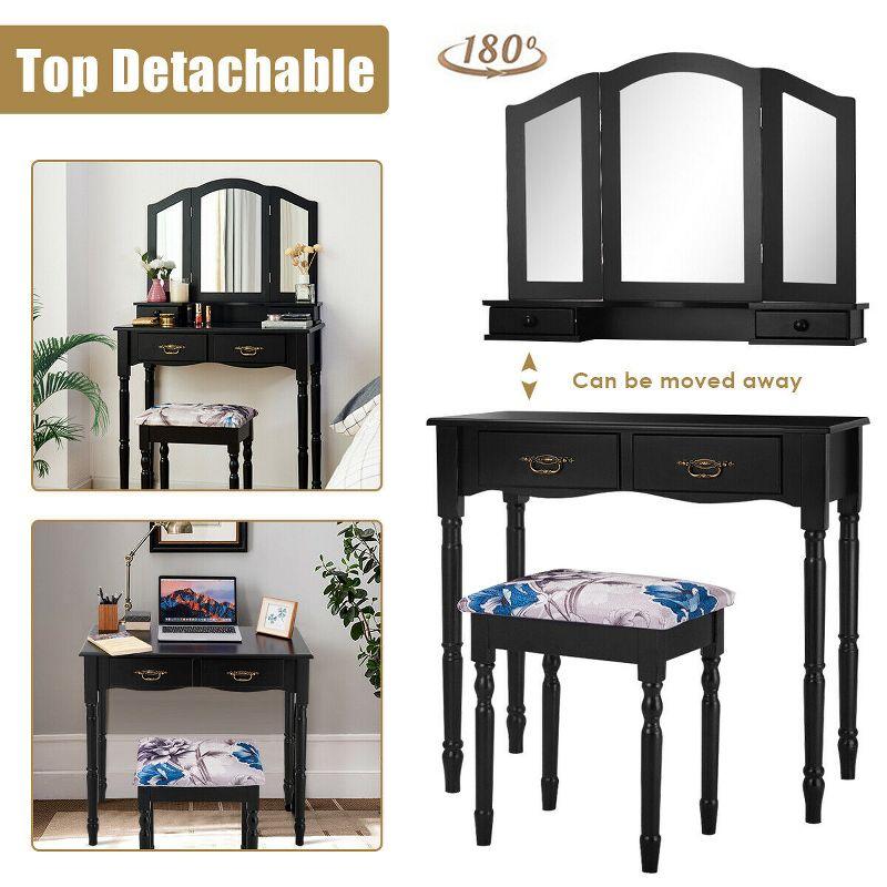 Costway Black Tri Folding Mirror Vanity Makeup Table Stool 4 Drawers