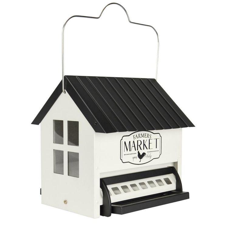 White and Black Metal Squirrel Resistant Hanging Hopper Feeder