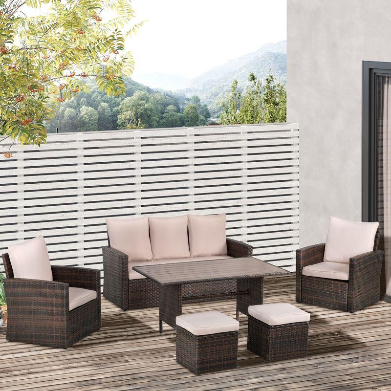 Outsunny 6 PCS Patio Dining Set All Weather Rattan Wicker Furniture Set with Wood Grain Top Table and Soft Cushions