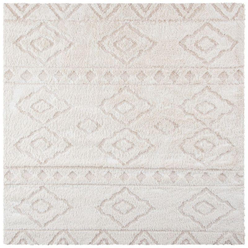 Ivory/Beige 5' Square Hand-knotted Geometric Shag Rug