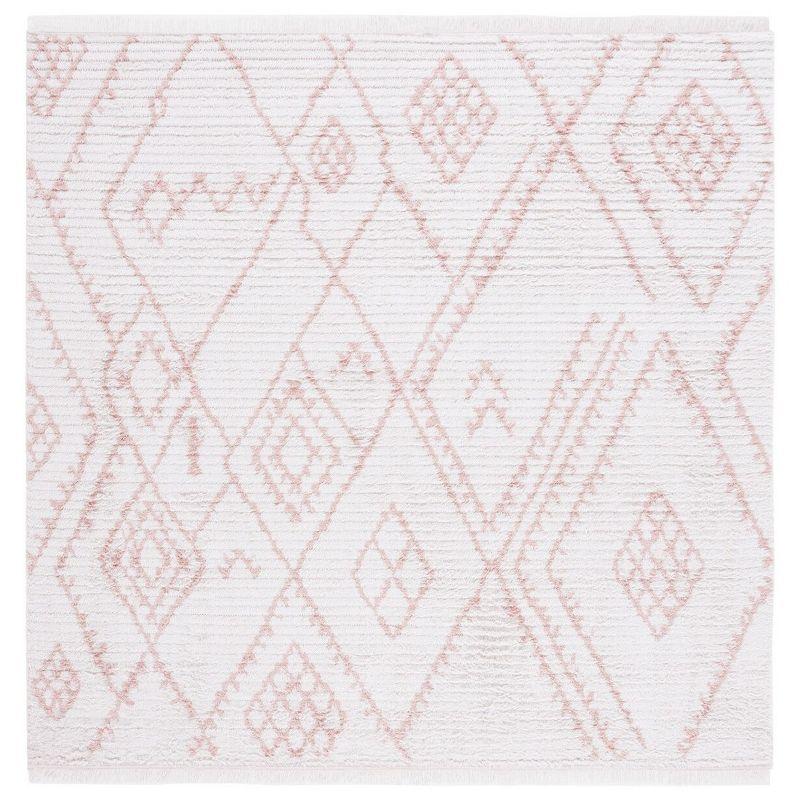 Ivory and Pink Square Flat Woven Synthetic Rug