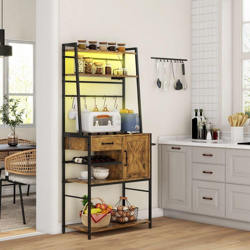 HOMCOM Kitchen Baker's Rack with Power Outlet, LED Lights, Microwave Stand with Storage Shelves, Wine Bottle Rack, Barn Door Cabinet, Rustic Brown