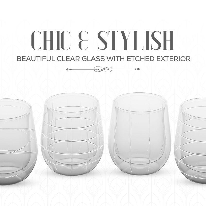 Fifth Avenue Crystal Medallion Double Wall Set of 4, 9 oz, Water Glasses for Cocktails, & More, Textured Etched Patterns