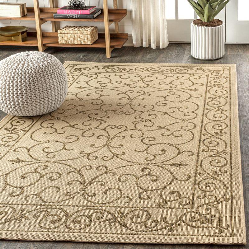 9' X 12' Charleston Vintage Filigree Textured Weave Indoor/Outdoor Area Rug, Beige/Brown - JONATHAN Y