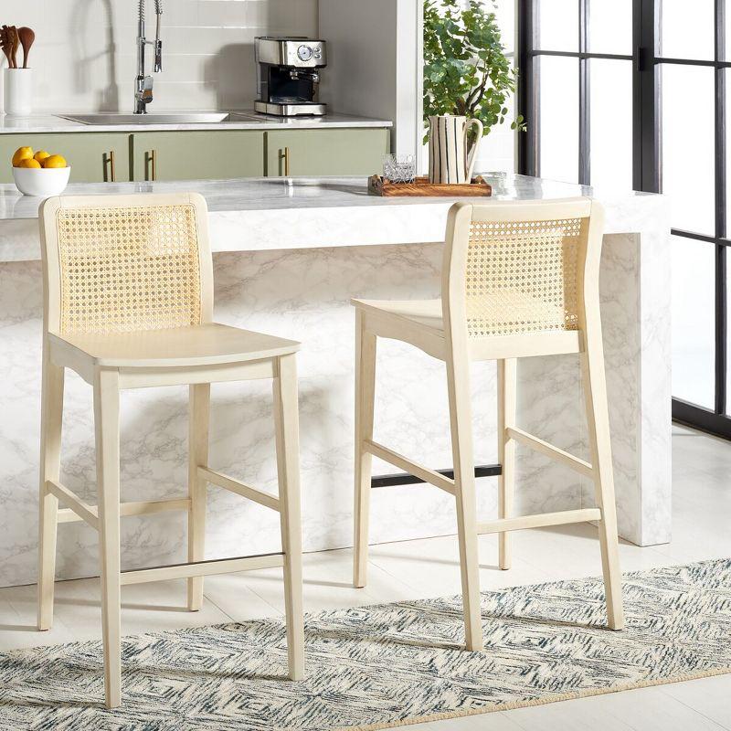 Benicio White and Natural Rubberwood Rattan Bar Stools, Set of 2