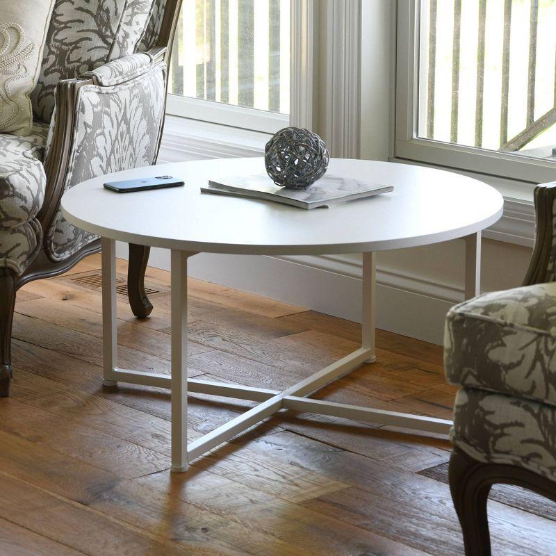 Modern Minimalist Round White Metal Coffee Table with Laminate Finish