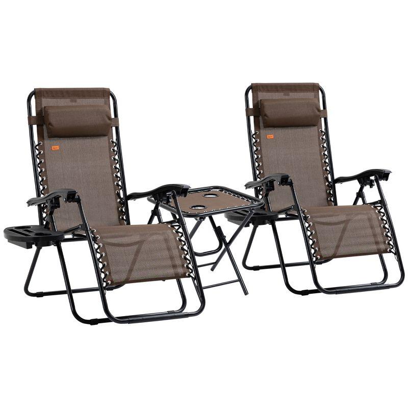 Brown Steel Mesh Folding Zero Gravity Lounger Chair Set with Table