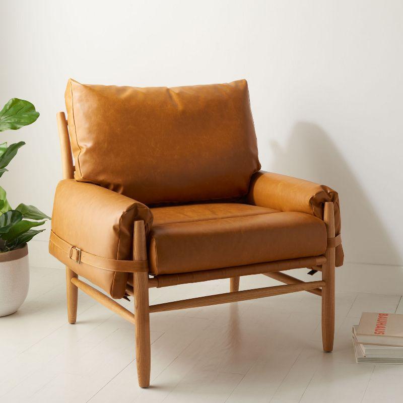 Oslo 32" Caramel Faux Leather & Natural Wood Mid-Century Accent Chair