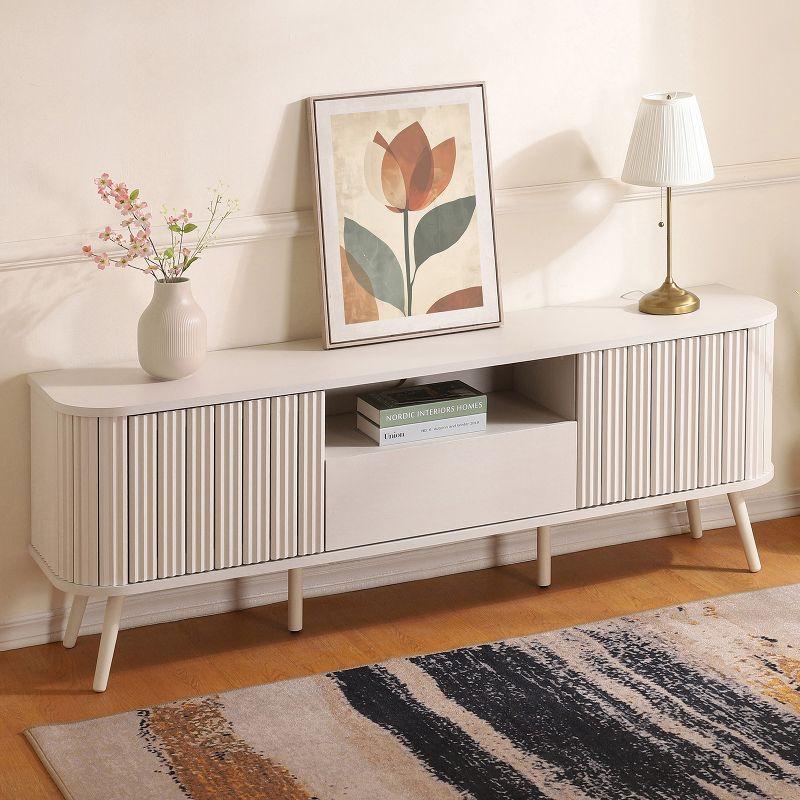 JONATHAN Y Damien 70 in. Farmhouse Curved TV Stand with Drawer and Storage Doors Fits TVs up to 75 in. with Cable Management, Off-White