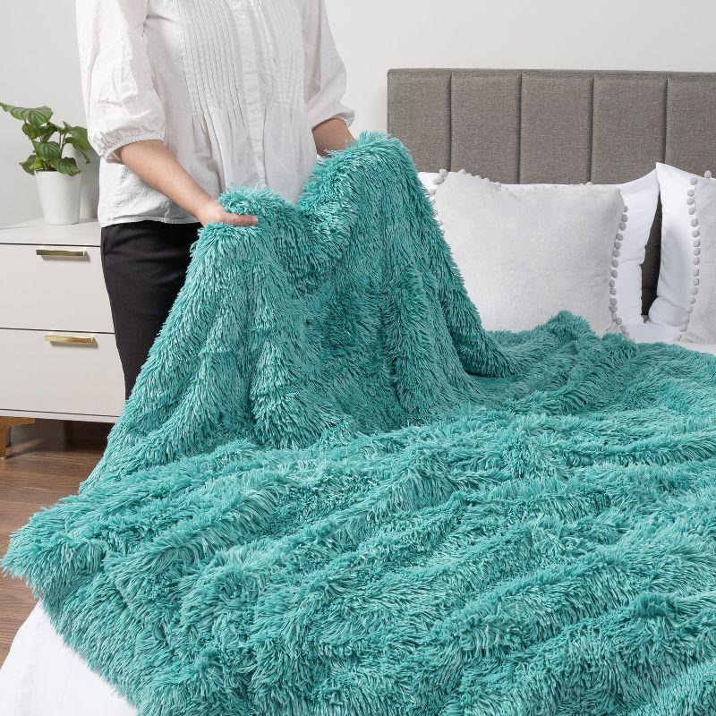 PAVILIA Fluffy Faux Fur Reversible Throw Blanket for Bed, Sofa, and Couch