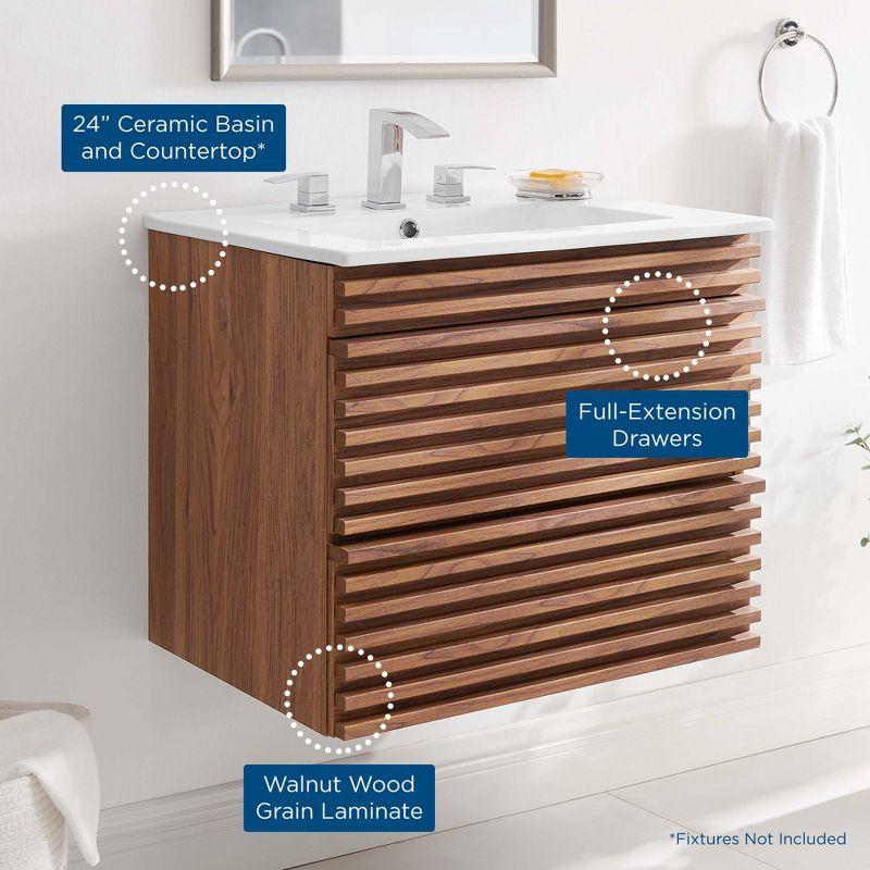 Modway Render 24" Wall-Mount Bathroom Vanity – Mid-Century Modern Floating Sink Cabinet in Walnut and White Finish