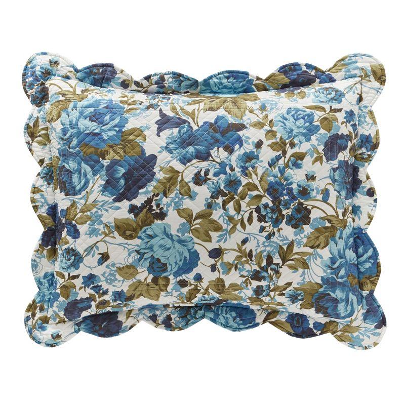 Teal Floral Cotton Standard Sham with Scalloped Edging