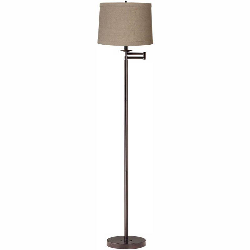 Bronze Swing Arm Floor Lamp with Natural Linen Shade