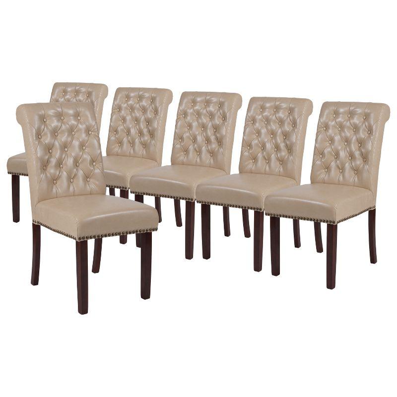 Beige Leather Parsons Side Chair Set with Walnut Legs