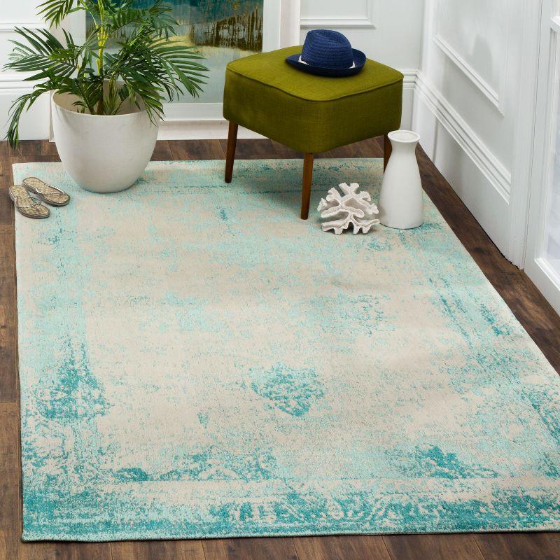 Turquoise and Beige Flat Woven 4' x 6' Cotton Area Rug