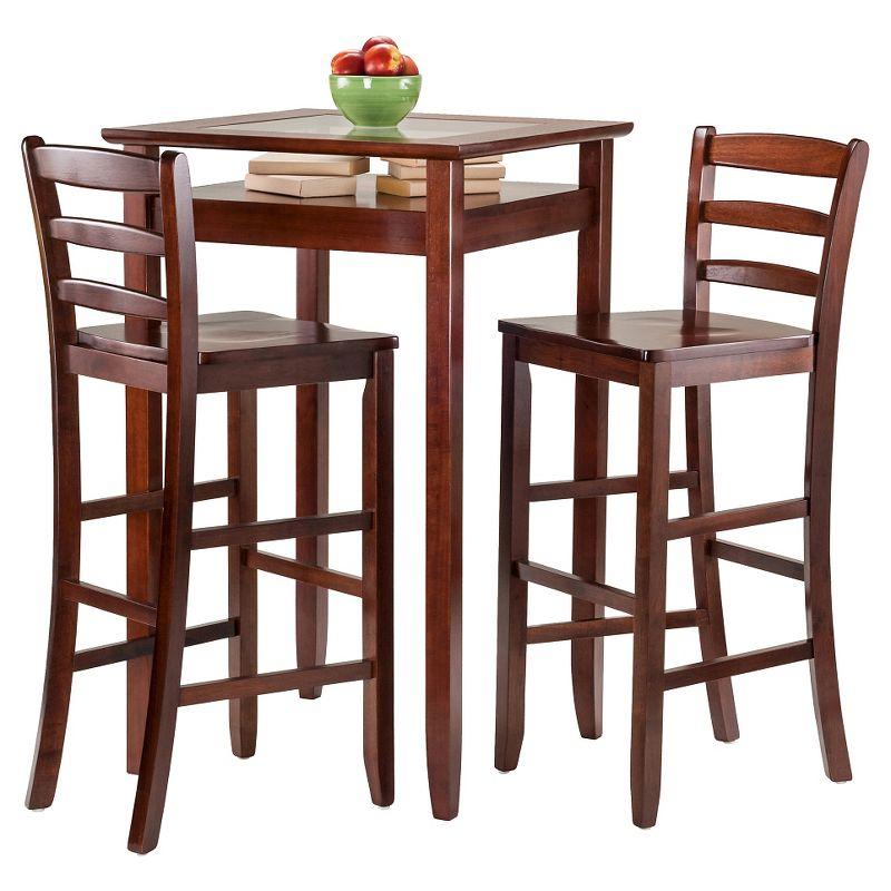 3pc Halo Bar Height Dining Set Wood/Walnut - Winsome: Ladder Back Stools, Tempered Glass Shelf