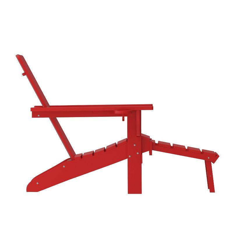 Flash Furniture Halifax HDPE Adirondack Chair with Cup Holder and Pull Out Ottoman, All-Weather HDPE Indoor/Outdoor Lounge Chair in Red
