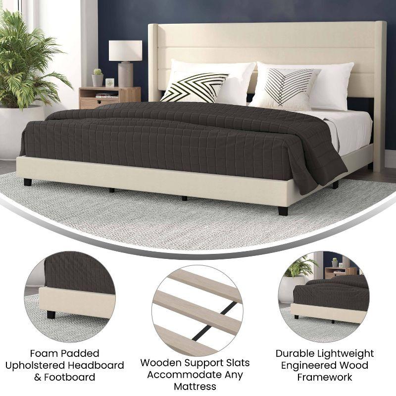 Taylor & Logan King 47" High Hilton Platform Bed Beige: Wingback Headboard, Faux Linen, Foam Padding, Wooden Slat Support