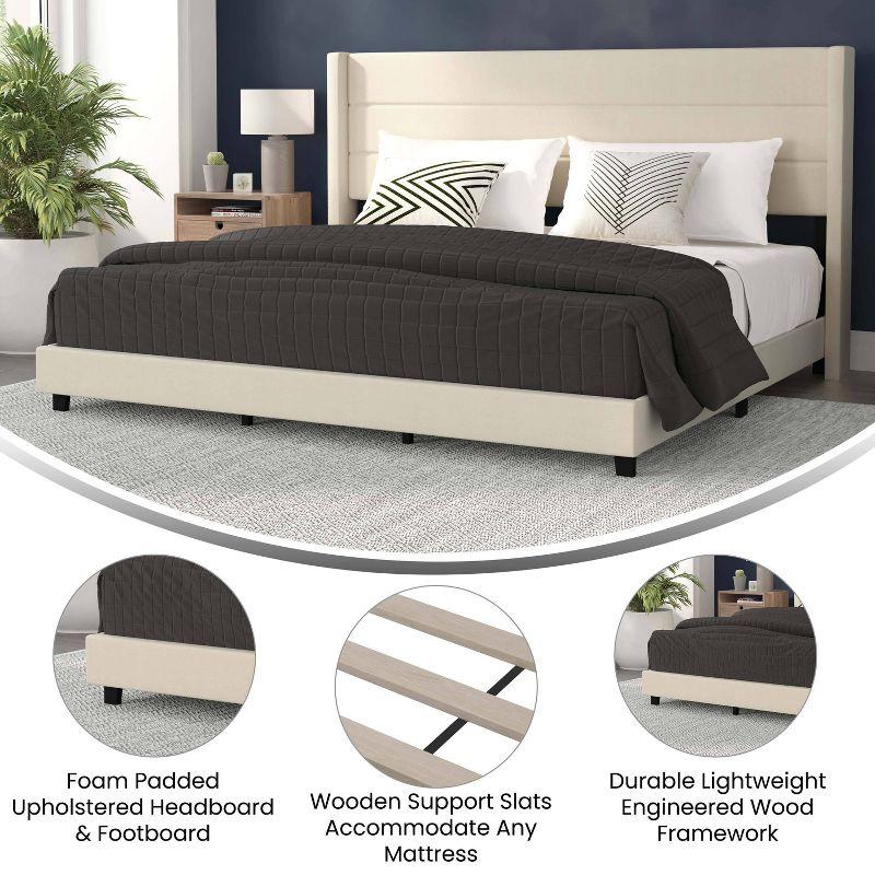 Beige King Upholstered Platform Bed with Wingback Headboard