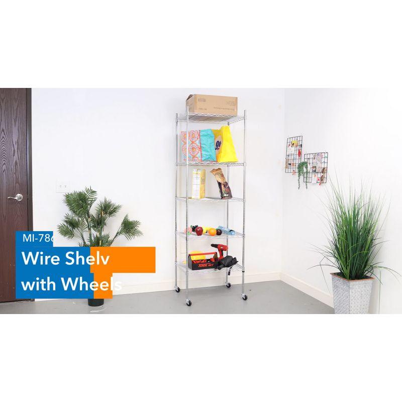 Mount-It! Height Adjustable 5 Tier Wire Shelving with Rolling Wheels | Closet Metal Racks Shelves