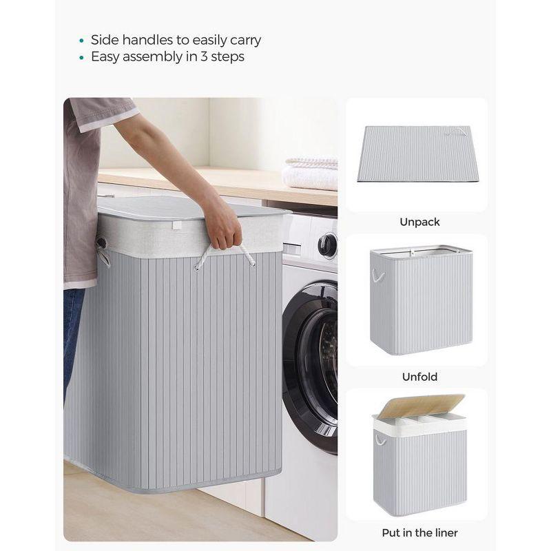 SONGMICS 39.6Gal (150L) Laundry Hamper, 3-Section Laundry Basket, Laundry Hamper with Lid, Bamboo, Foldable, Removable and Machine Washable Liner,Gray
