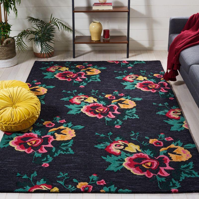 Handmade Black Floral Wool Rectangular Area Rug 3' x 5'