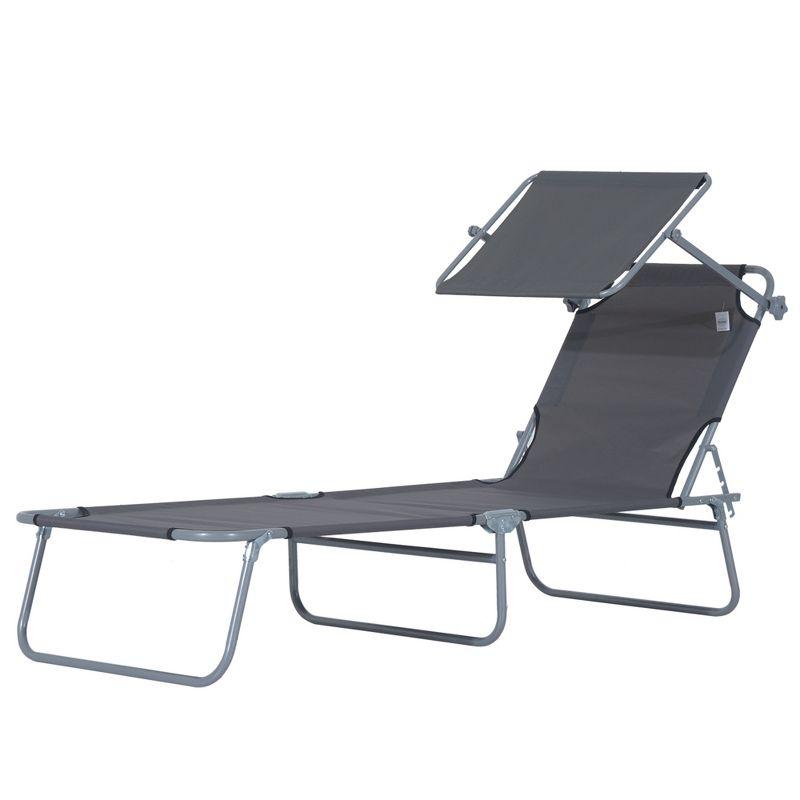 Outsunny Outdoor Lounge Chair, Adjustable Folding Chaise Lounge, Tanning Chair with Sun Shade for Beach, Camping, Hiking, Backyard, Gray