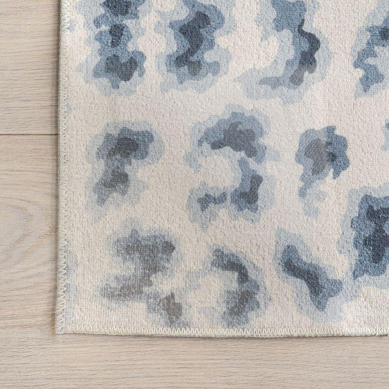 Blue Leopard Print Machine Washable Synthetic Area Rug