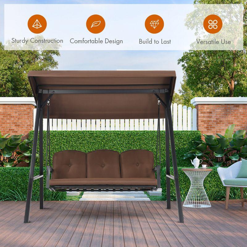 Costway Outdoor 3-Seat Porch Swing with Adjust Canopy and Cushions Brown