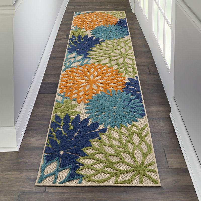 Aloha Tropical Floral 2'3" x 8' Blue and White Outdoor Rug