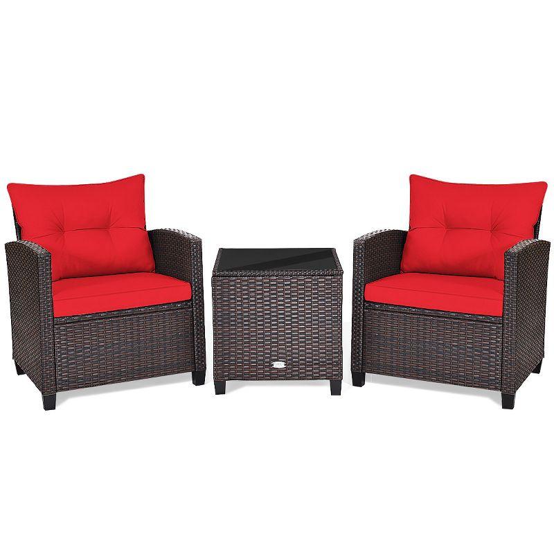 Tangkula 3PCS Wicker Cushioned Conversation Set Outdoor Rattan Furniture w/Red Cushions