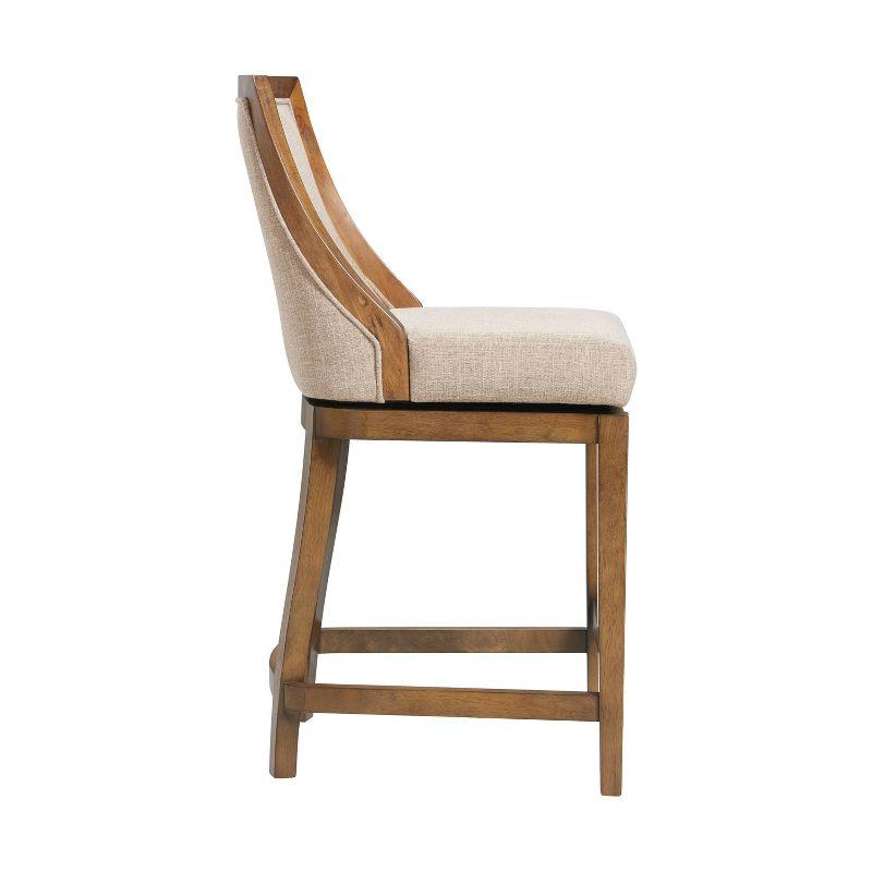Alaterre Ellie Bar Height Stool, Back, Swivel Seat, Brown, Upholstered Padded Seat, Rubberwood Frame, Steel Memory Return Mechanism, Dimensions 19 in. W x 22 in. D x 46 in. H, Footrest, Metal Kick Plate