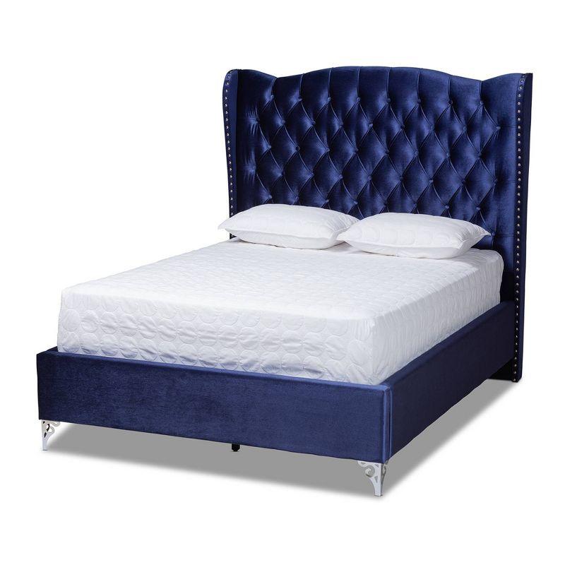 Luxurious Navy Blue Velvet Queen Bed with Tufted Wingback Headboard