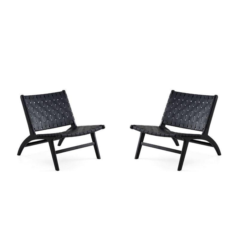 Set of 2 Black Faux Leather Woven Accent Chairs