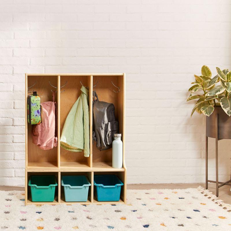 Natural Lacquered Birch 3-Section Toddler Coat Locker with Bench